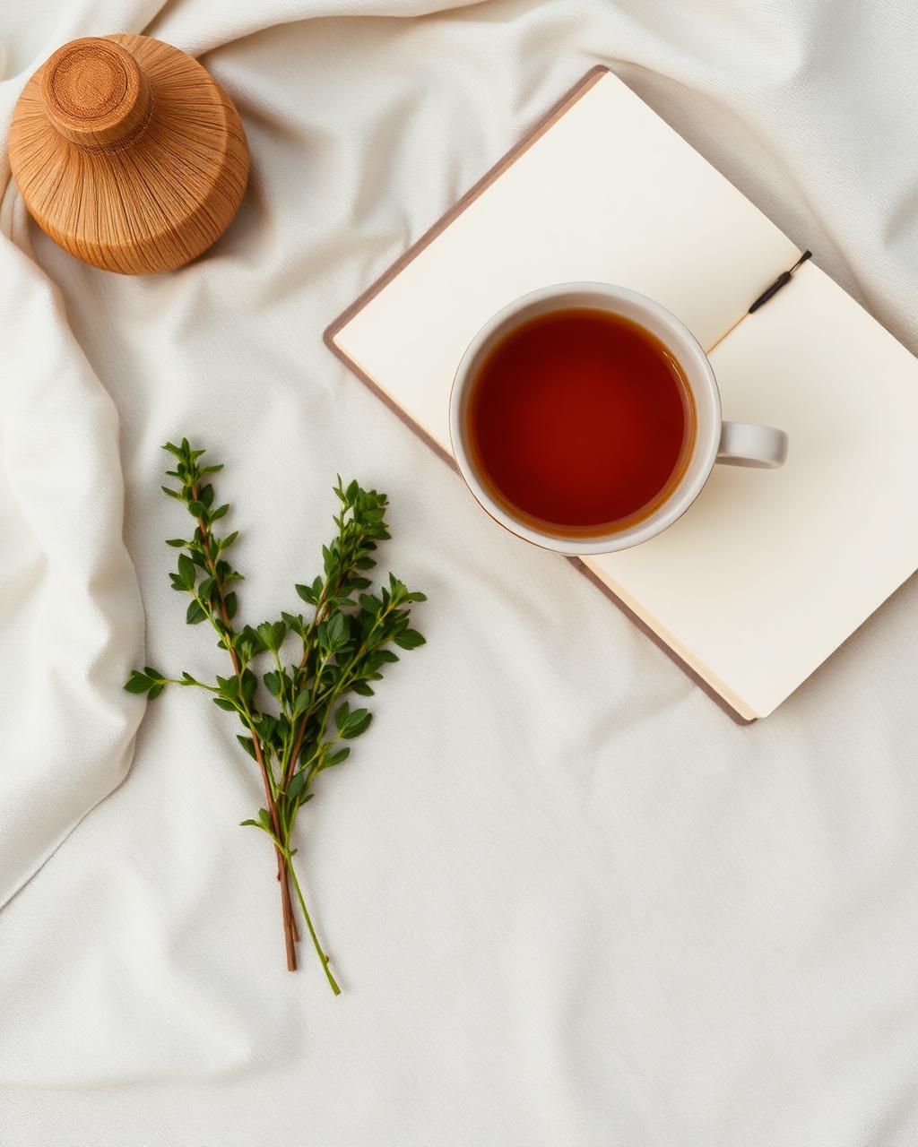 A warm cup of herbal tea resting on a linen-bound notebook, fresh herbs beside it
